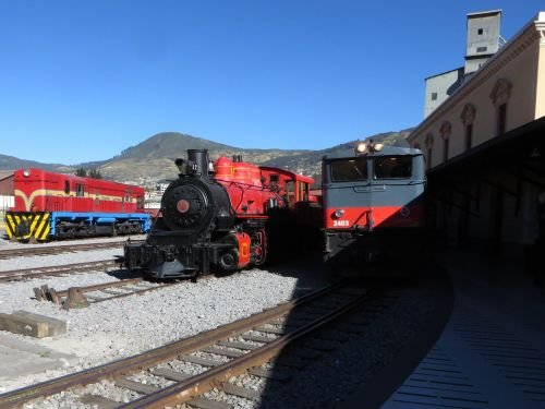 RIDE ECUADOR BY TRAIN, RAIL, RAILROAD & RAILWAY: Three restored historic locomotives at the Chambacalle train station. 